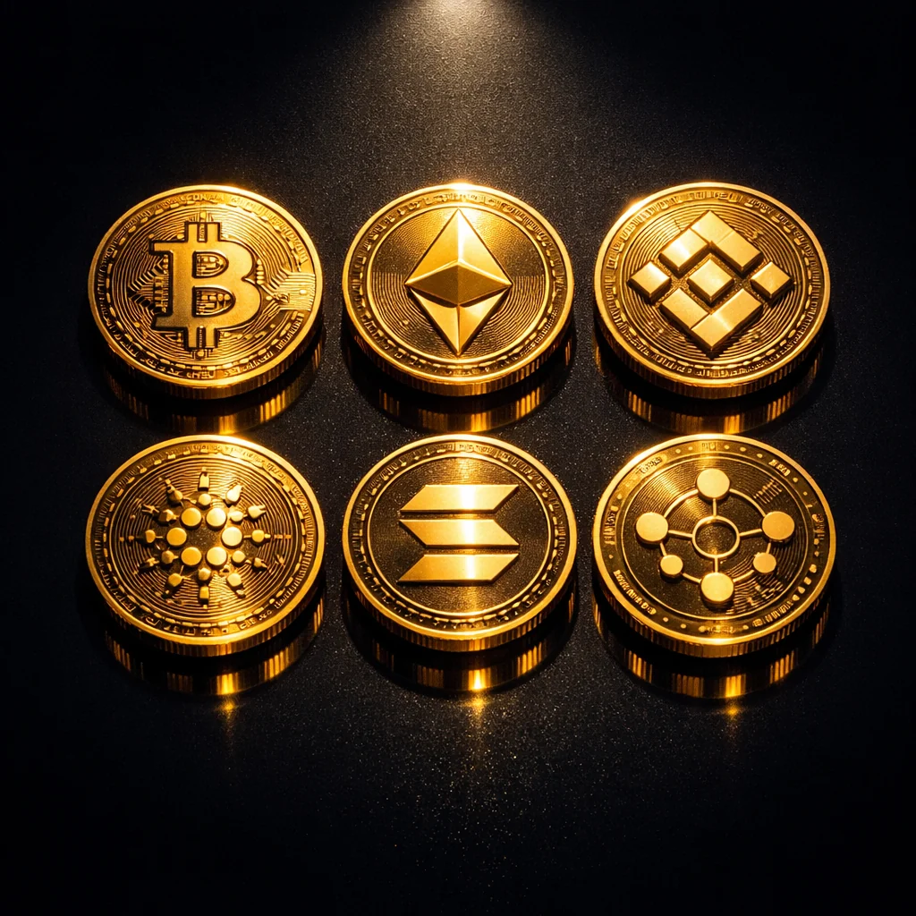 Gouden cryptomunten in geometrische vormen op donkere achtergrond